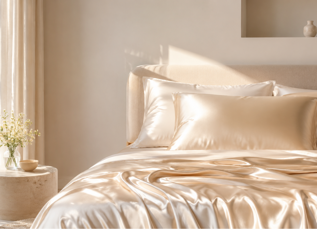 RENESSY silk bedding in a calm bedroom setting